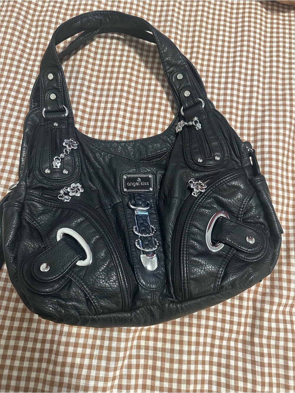 Angel Kiss Black Shoulder Bag with Silver Accents
